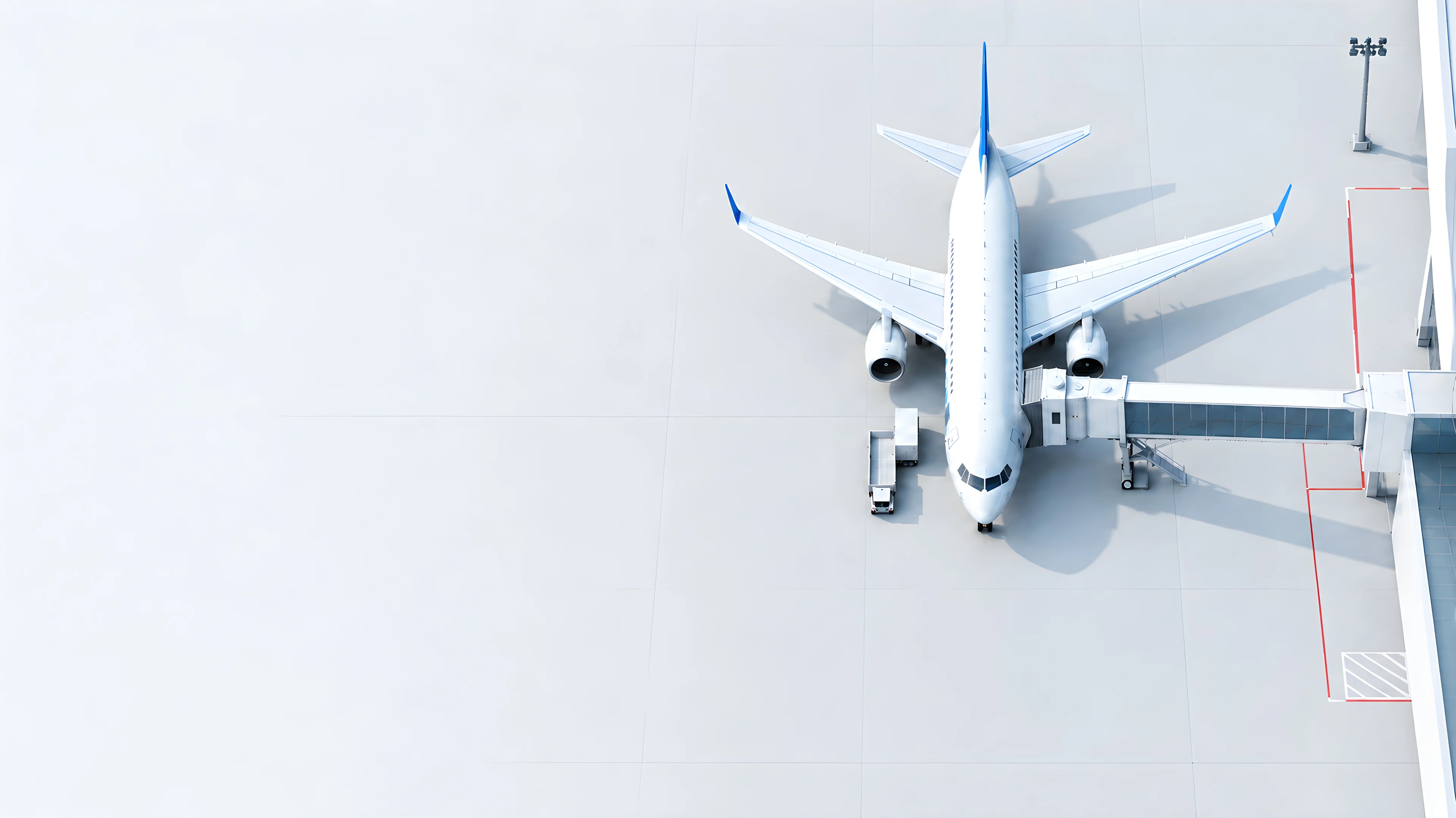 Aerial view of an aircraft and ground vehicles on a minimalist airport apron